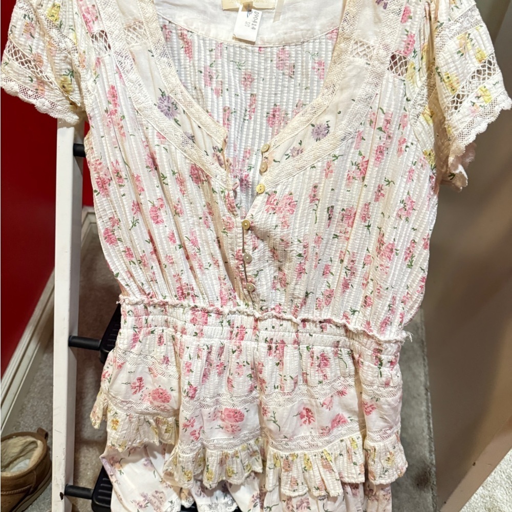 LoveShackFancy Cream Floral Mini Dress with Pink & Yellow Flowers